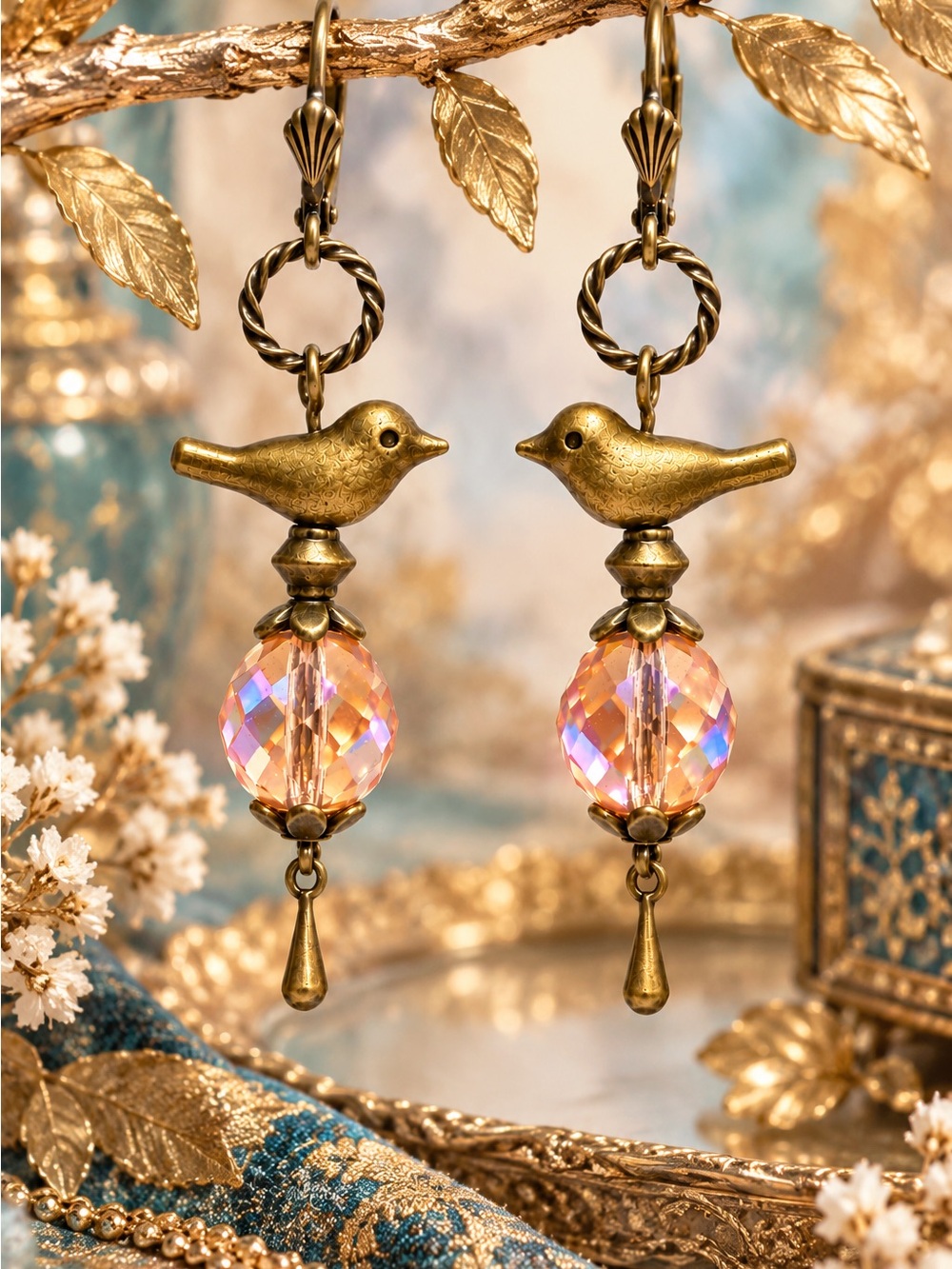 Handmade Czech Glass Bird Earrings Antique Bronze Pink Crystal